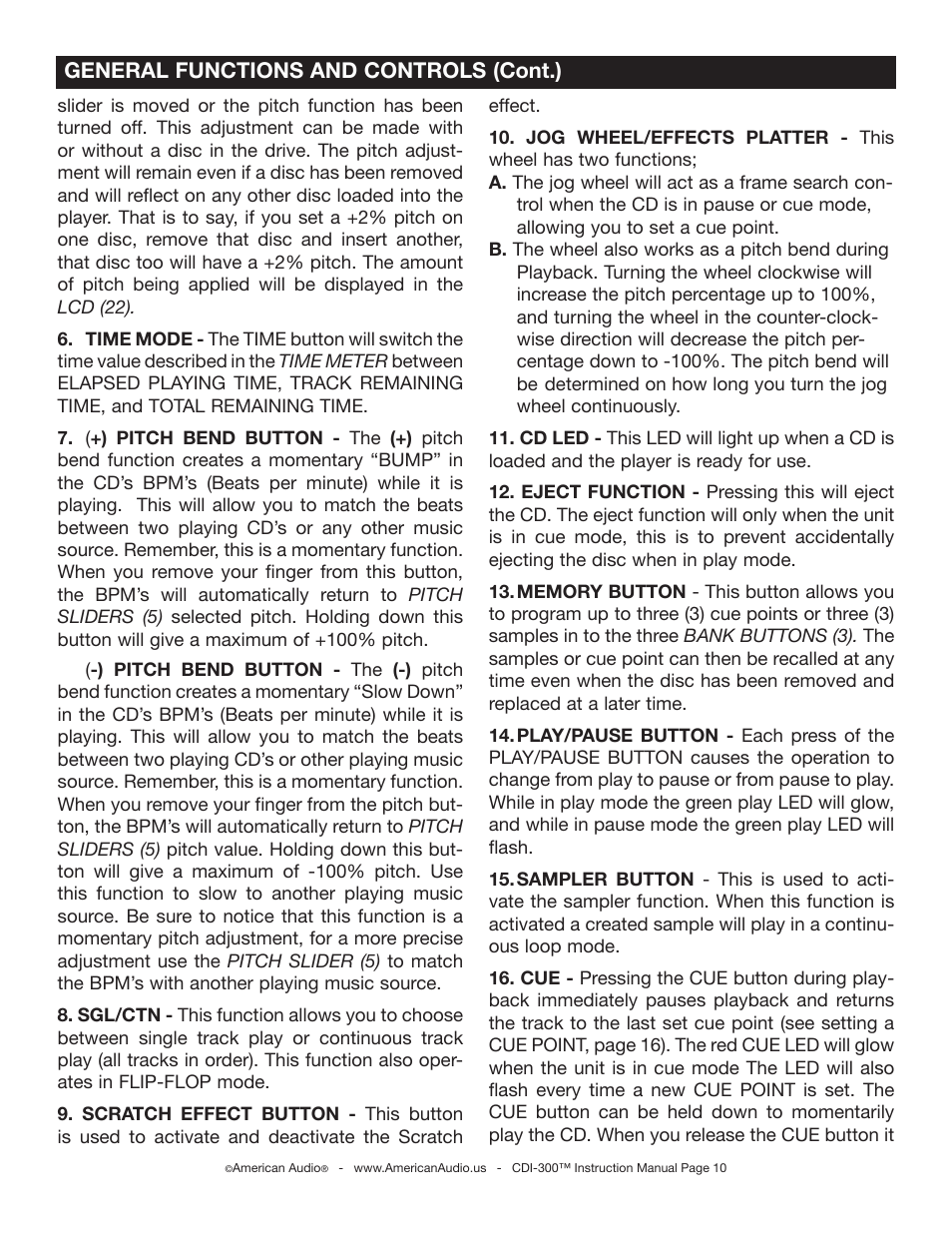 General functions and controls (cont.) | American Audio CDI-300 User Manual | Page 10 / 28