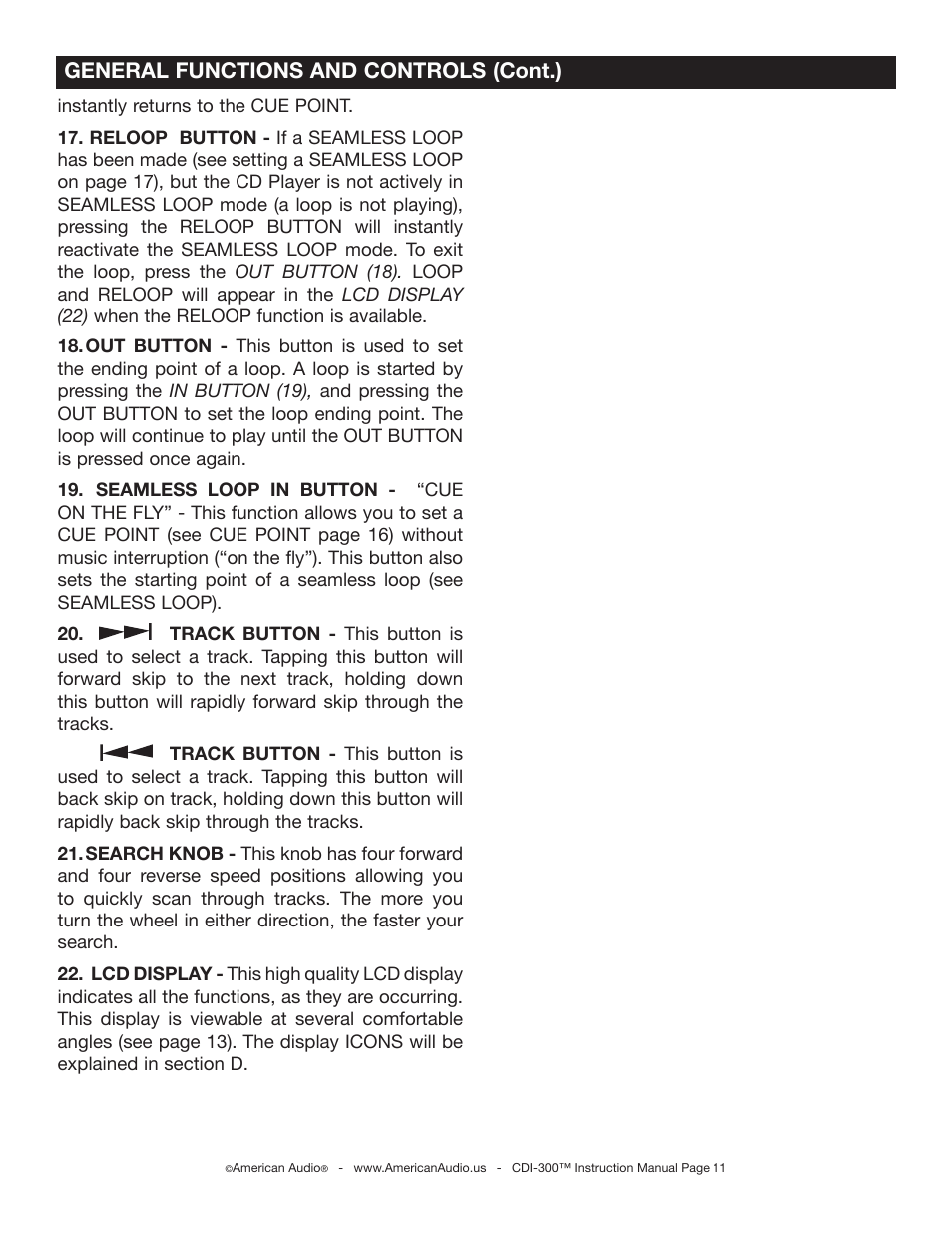 General functions and controls (cont.) | American Audio CDI-300 User Manual | Page 11 / 28