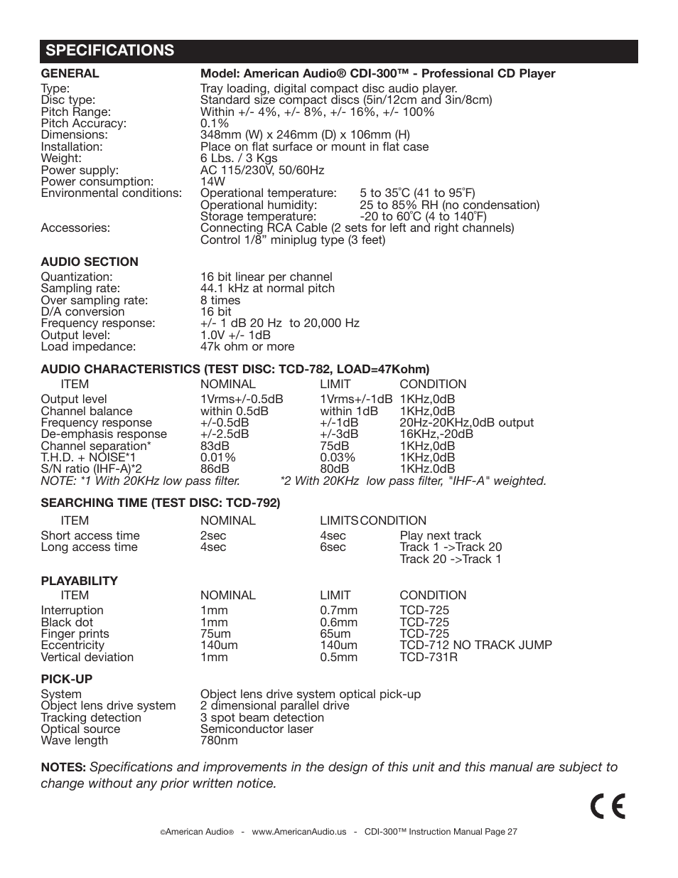 Specifications | American Audio CDI-300 User Manual | Page 27 / 28