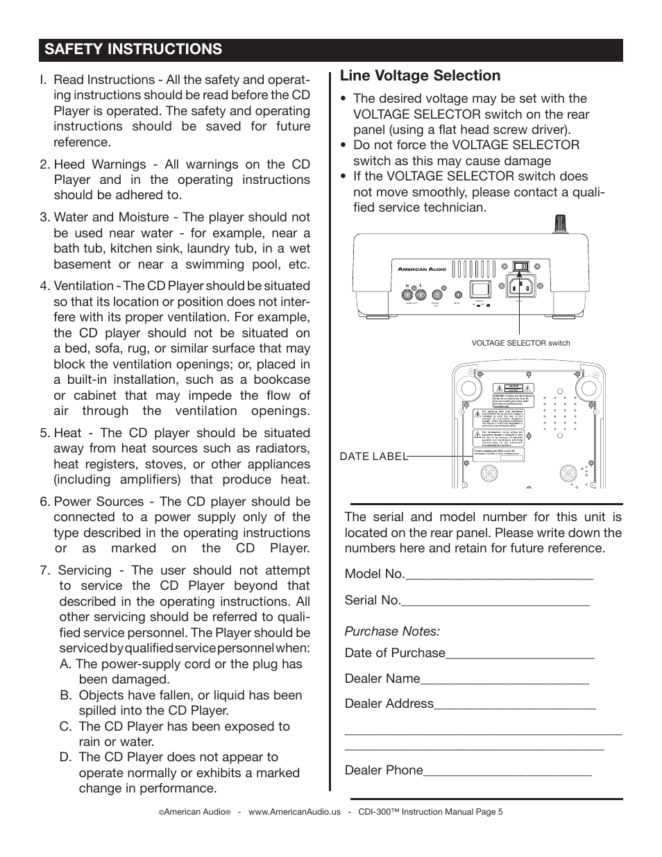 Safety instructions line voltage selection, C. the cd player has been exposed to rain or water | American Audio CDI-300 User Manual | Page 5 / 28
