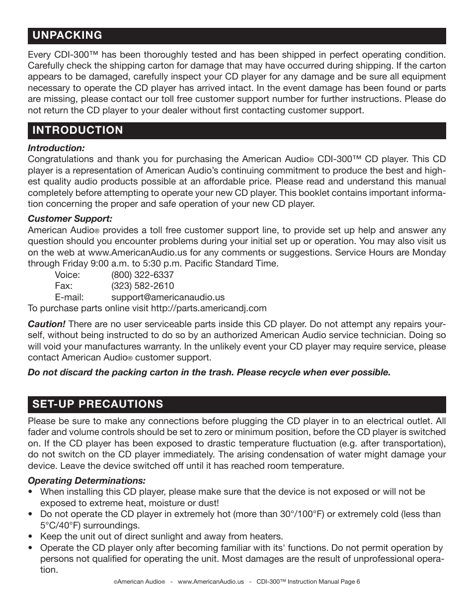 Introduction unpacking, Set-up precautions | American Audio CDI-300 User Manual | Page 6 / 28