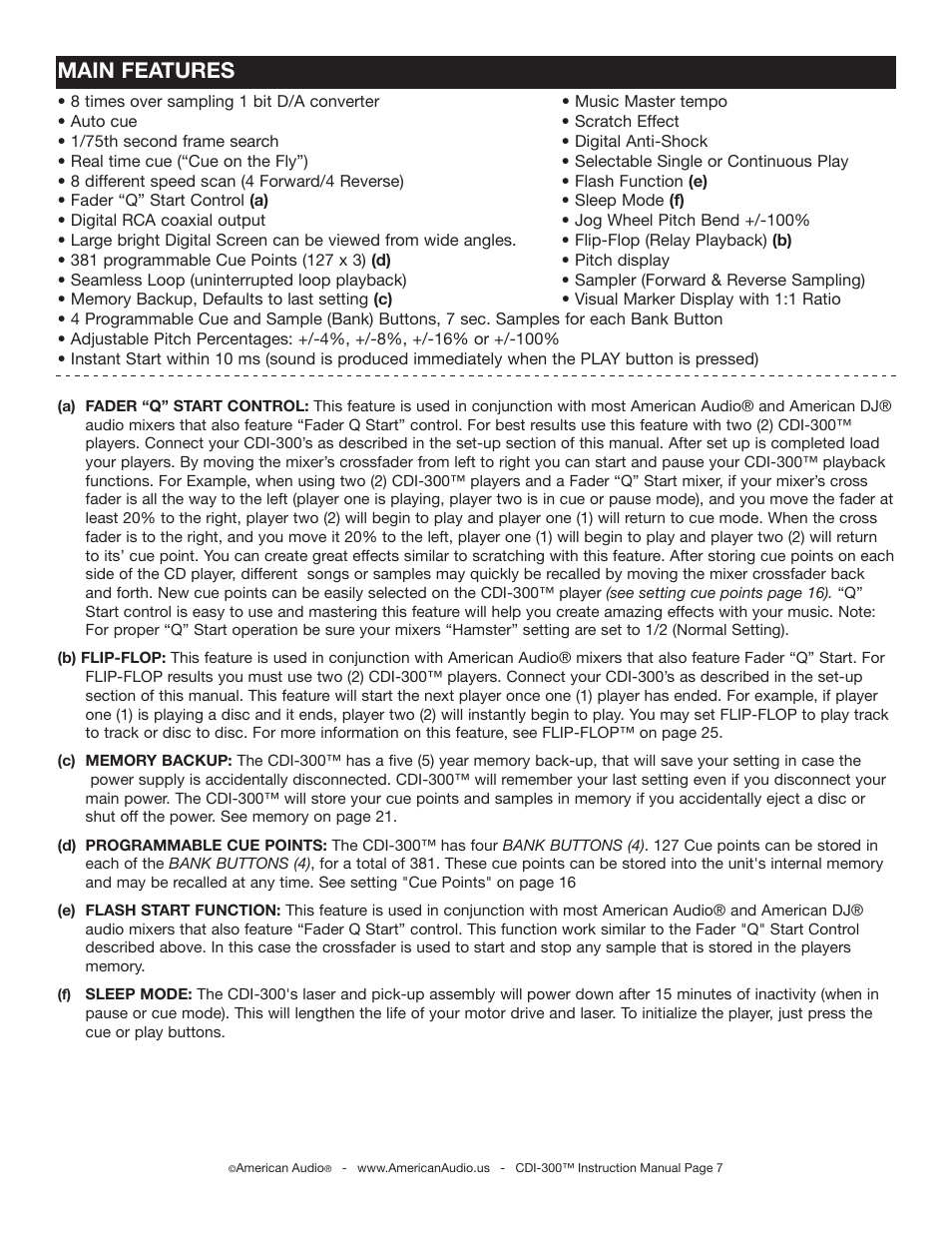 Main features | American Audio CDI-300 User Manual | Page 7 / 28