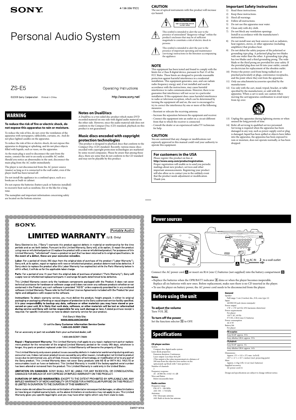 Sony ZS-E5AQUA User Manual | 2 pages