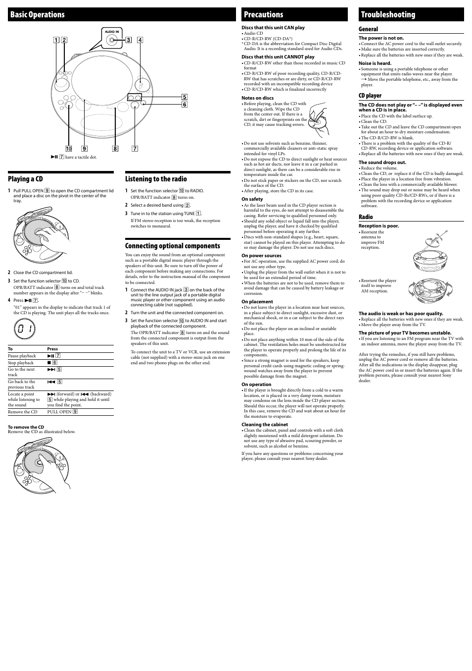 Basic operations, Precautions, Troubleshooting | Playing a cd, Listening to the radio, Connecting optional components, General, Cd player, Radio | Sony ZS-E5AQUA User Manual | Page 2 / 2