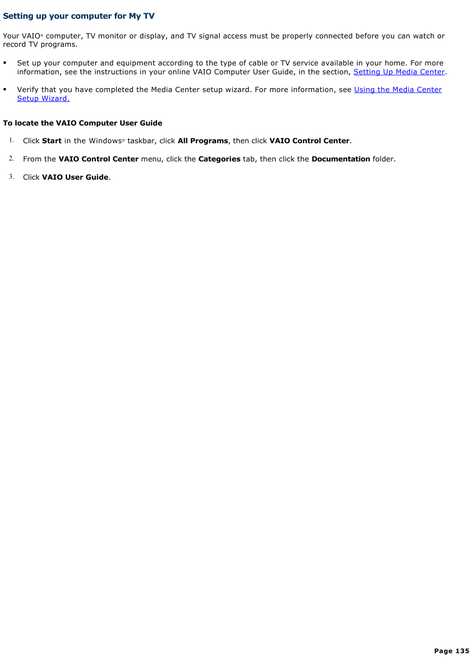 Setting up your computer for my tv | Sony VGC-RA940G User Manual | Page 135 / 271