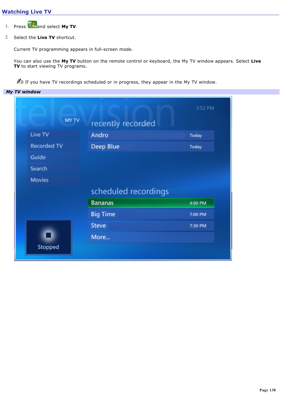 Watching live tv | Sony VGC-RA940G User Manual | Page 138 / 271