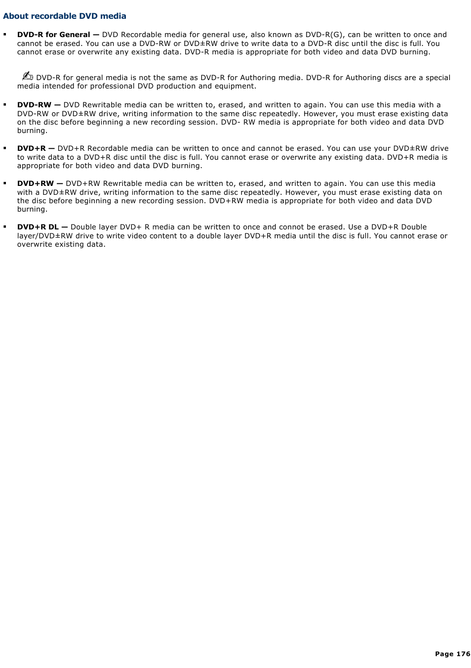 About recordable dvd media | Sony VGC-RA940G User Manual | Page 176 / 271