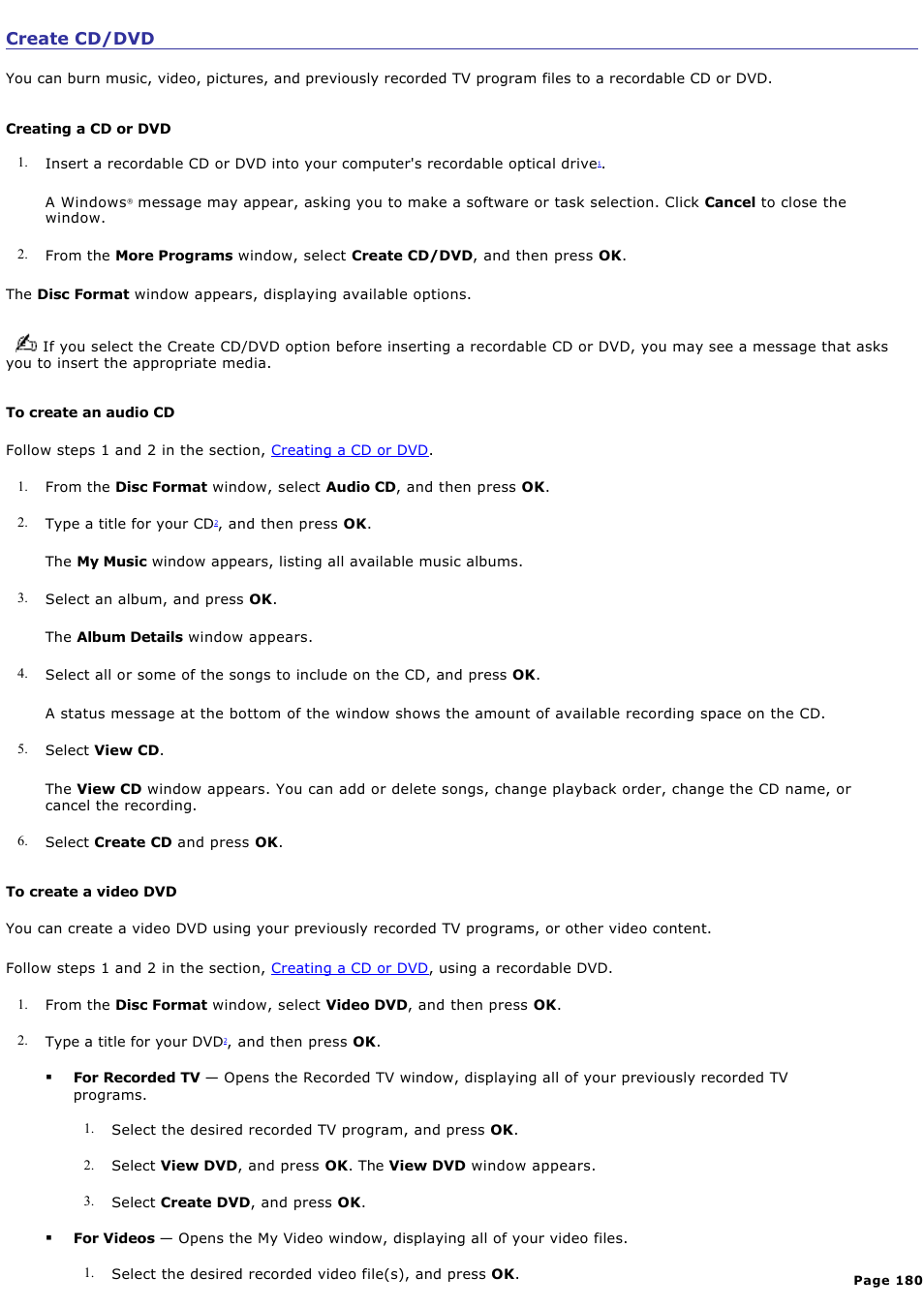 Create cd/dvd | Sony VGC-RA940G User Manual | Page 180 / 271