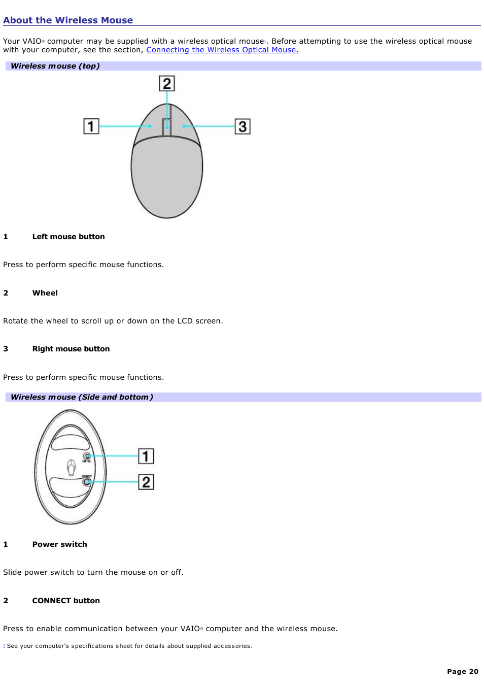 About the wireless mouse | Sony VGC-RA940G User Manual | Page 20 / 271