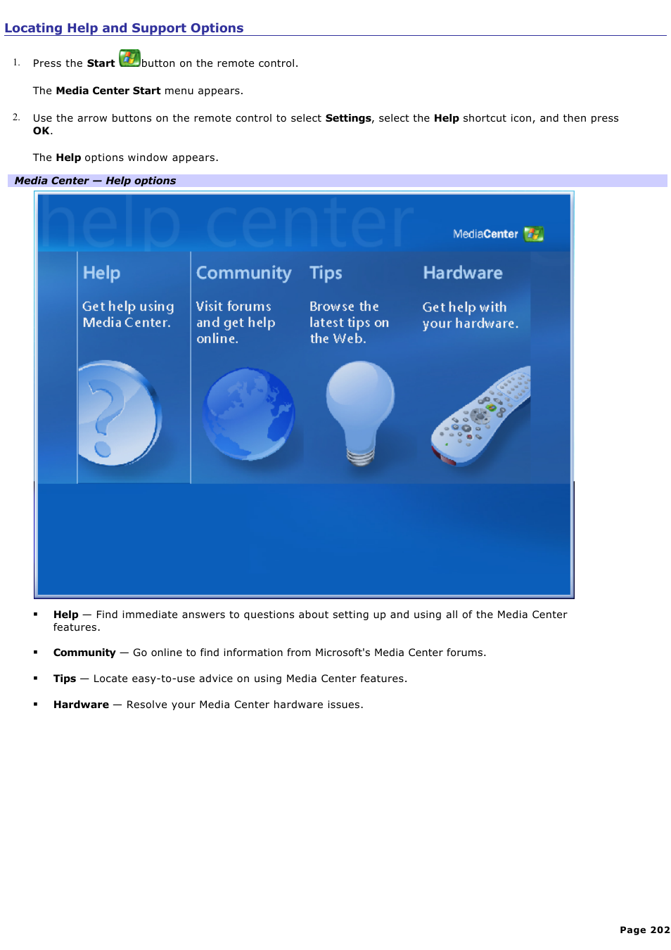 Locating help and support options | Sony VGC-RA940G User Manual | Page 202 / 271