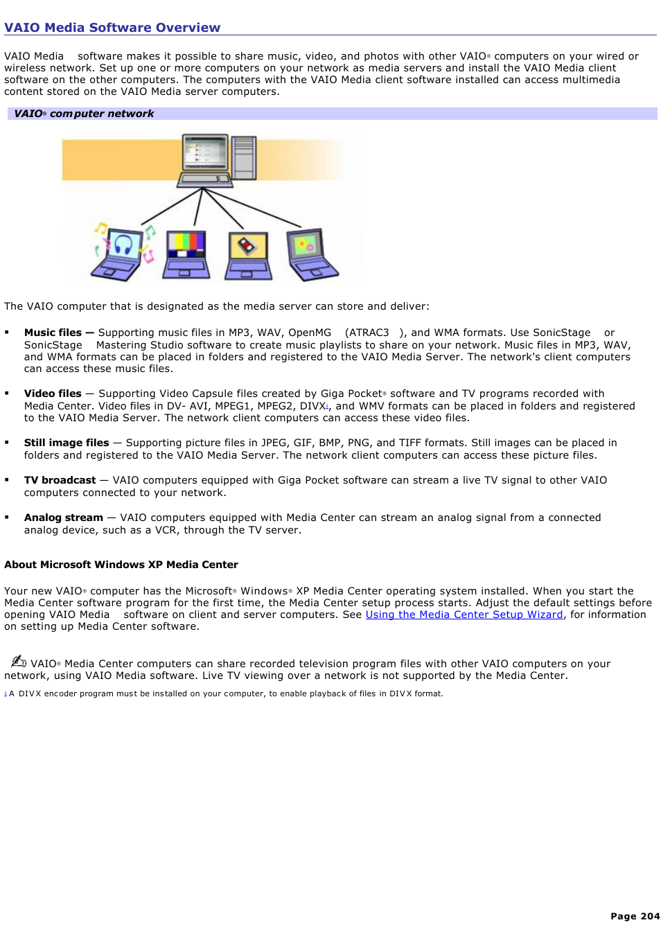 Vaio media software overview | Sony VGC-RA940G User Manual | Page 204 / 271