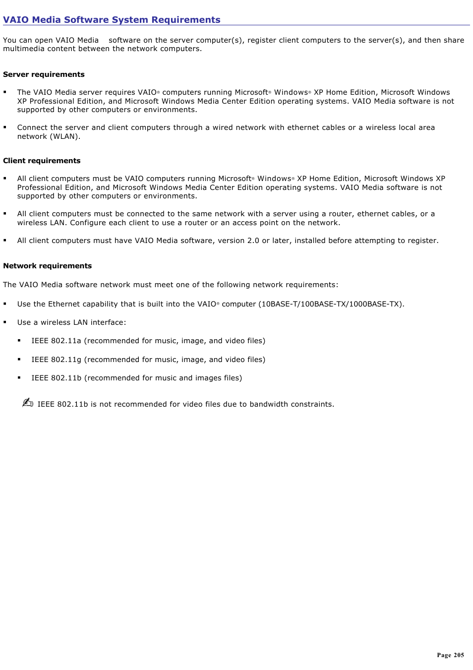 Vaio media software system requirements | Sony VGC-RA940G User Manual | Page 205 / 271