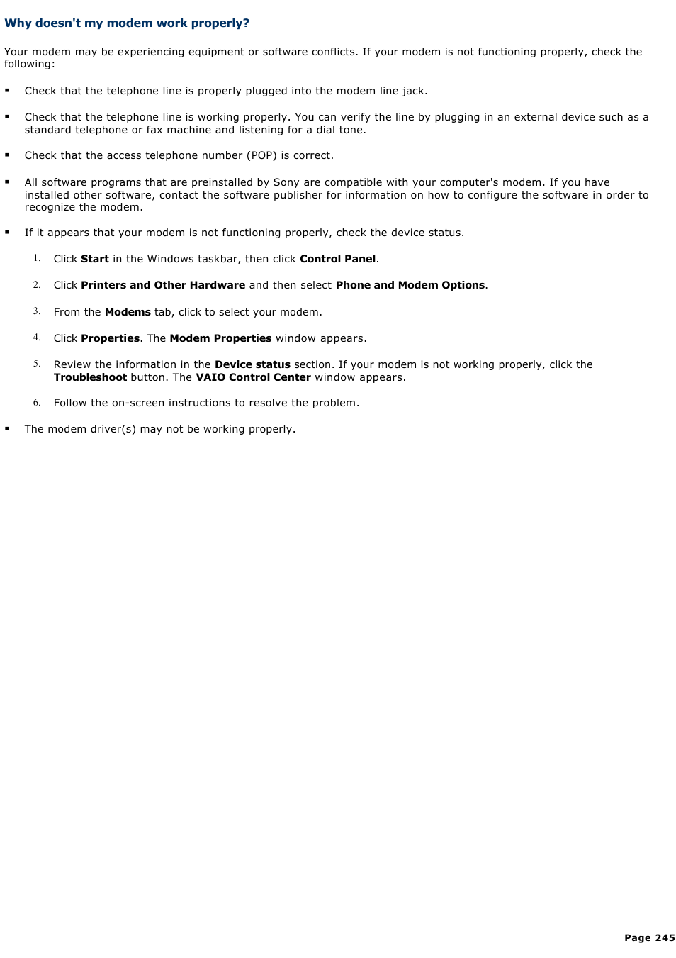Why doesn't my modem work properly | Sony VGC-RA940G User Manual | Page 245 / 271
