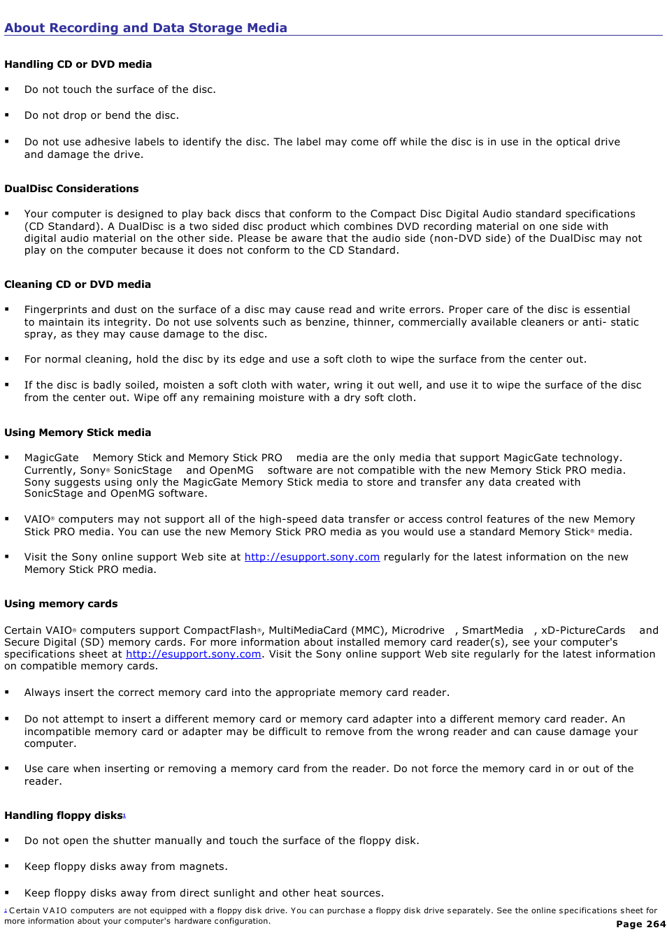 About recording and data storage media | Sony VGC-RA940G User Manual | Page 264 / 271