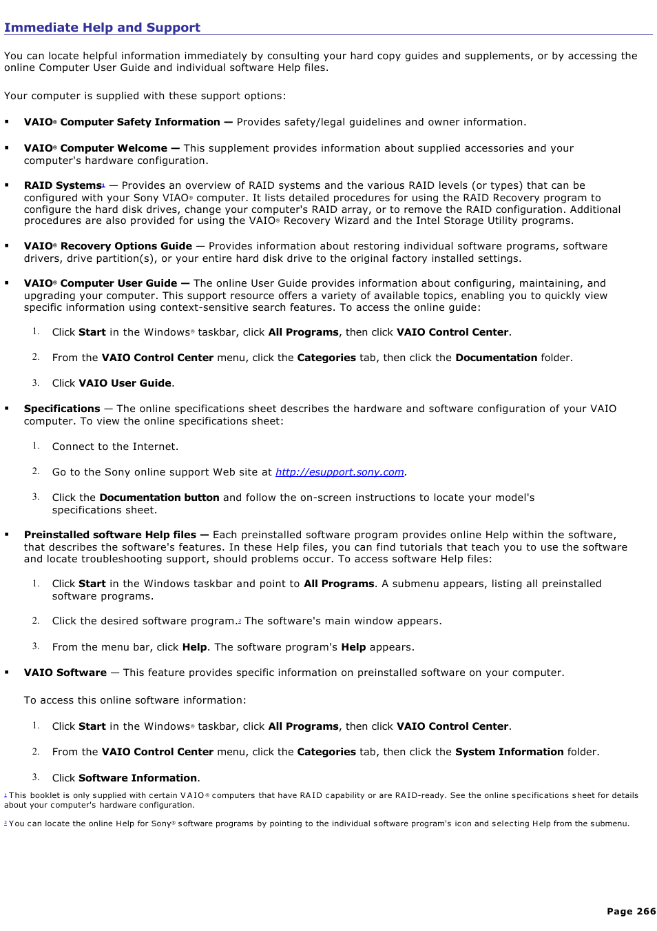 Immediate help and support | Sony VGC-RA940G User Manual | Page 266 / 271