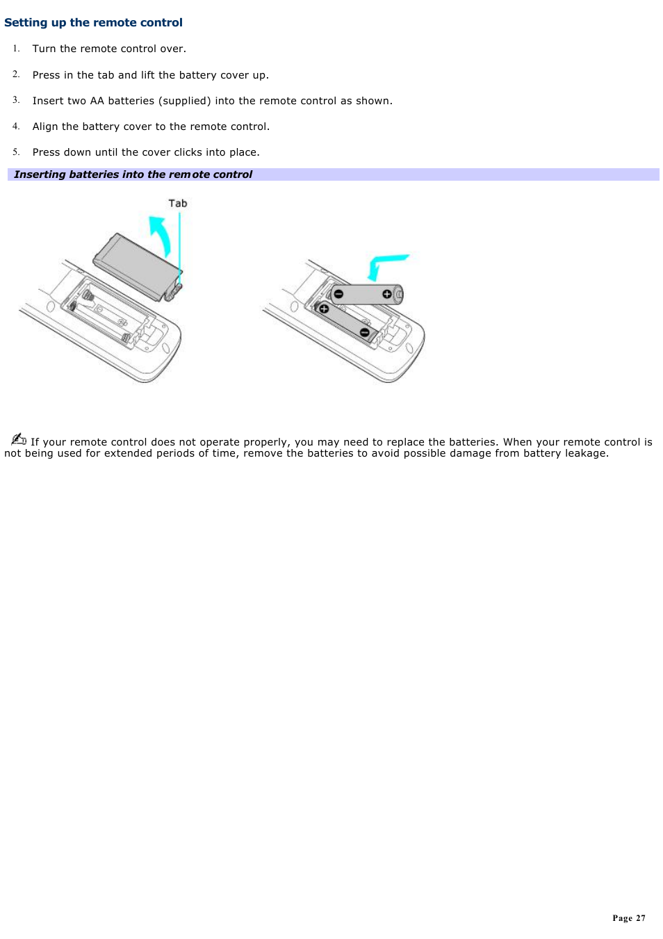 Setting up the remote control | Sony VGC-RA940G User Manual | Page 27 / 271