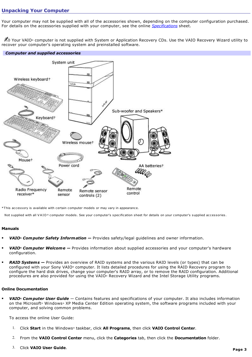 Unpacking your computer | Sony VGC-RA940G User Manual | Page 3 / 271