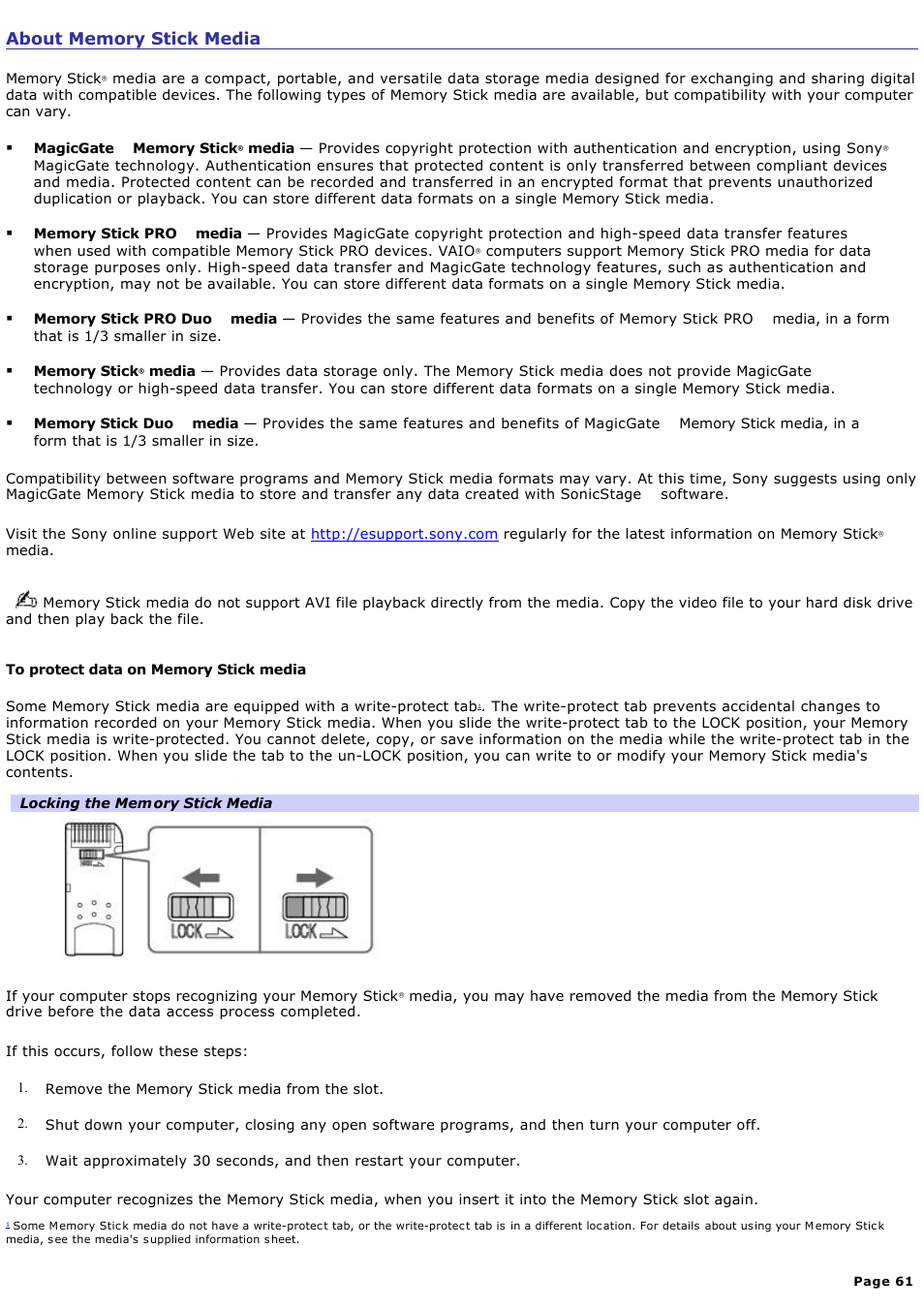 About memory stick media | Sony VGC-RA940G User Manual | Page 61 / 271