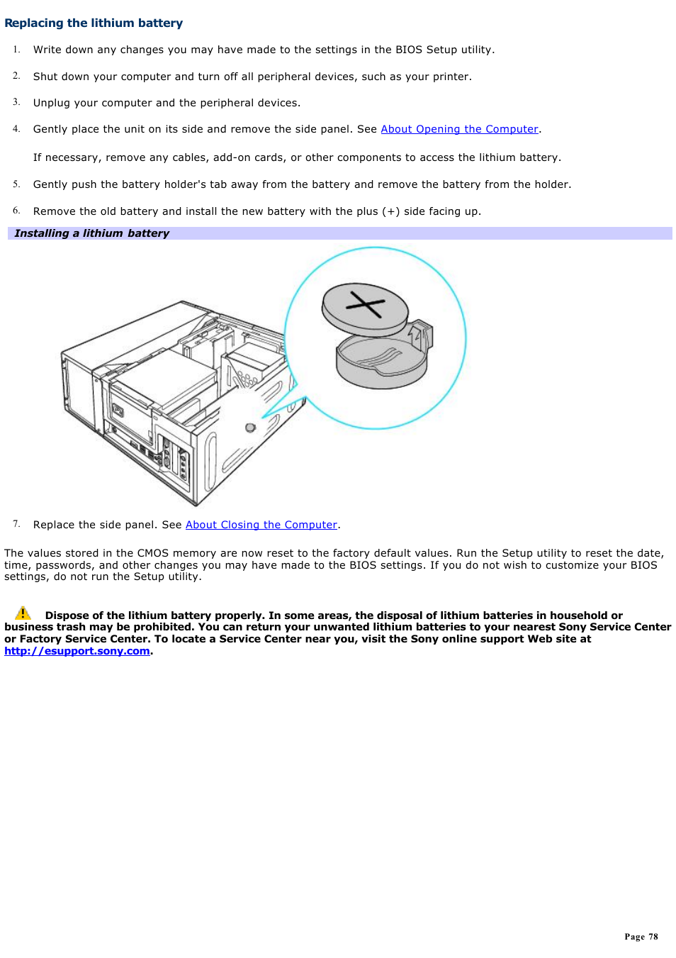 Replacing the lithium battery | Sony VGC-RA940G User Manual | Page 78 / 271