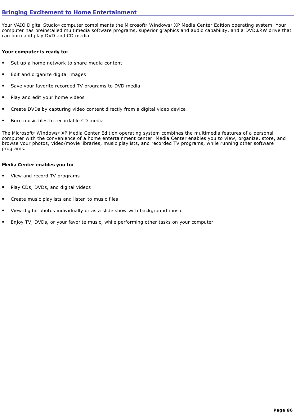 Bringing excitement to home entertainment | Sony VGC-RA940G User Manual | Page 86 / 271