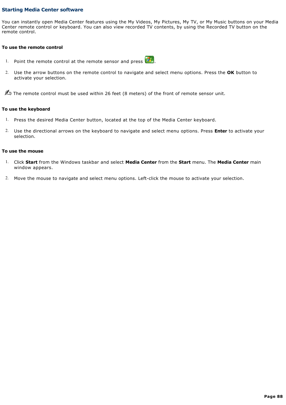 Starting media center software | Sony VGC-RA940G User Manual | Page 88 / 271