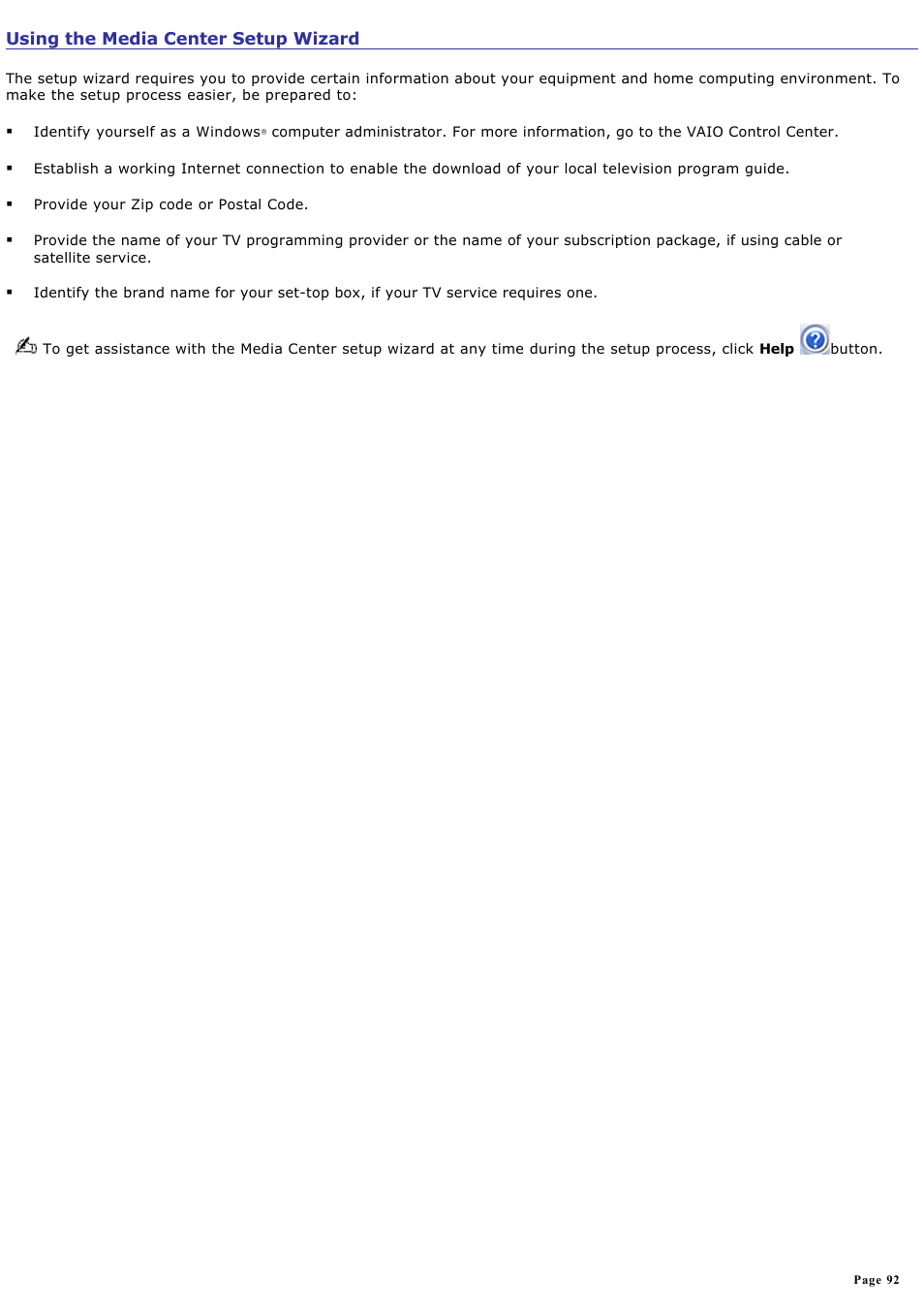 Using the media center setup wizard | Sony VGC-RA940G User Manual | Page 92 / 271