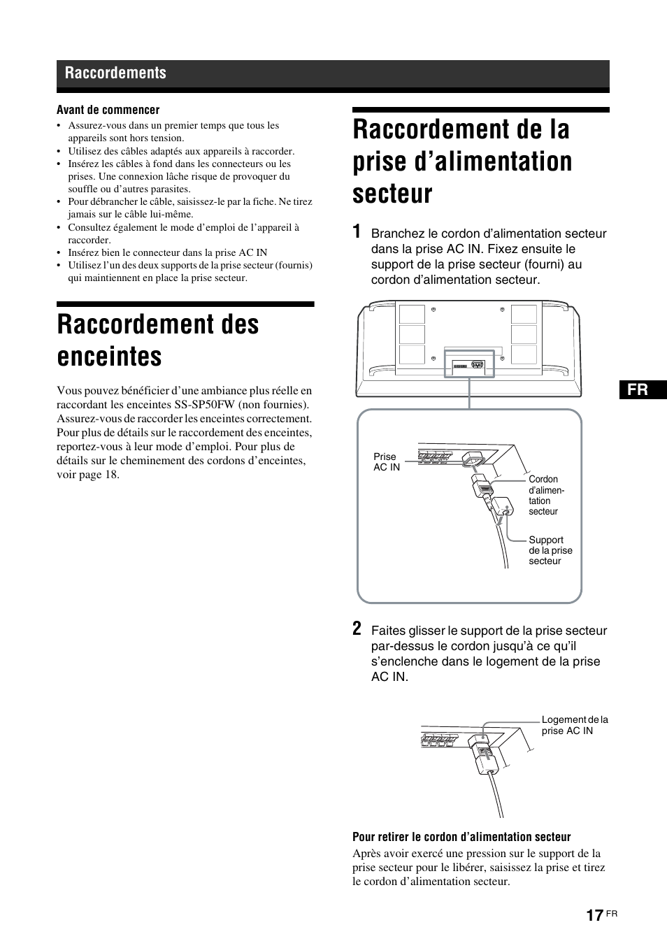 Raccordements, Raccordement des enceintes, Raccordement de la prise d’alimentation secteur | Sony FWD-50PX3 User Manual | Page 105 / 308