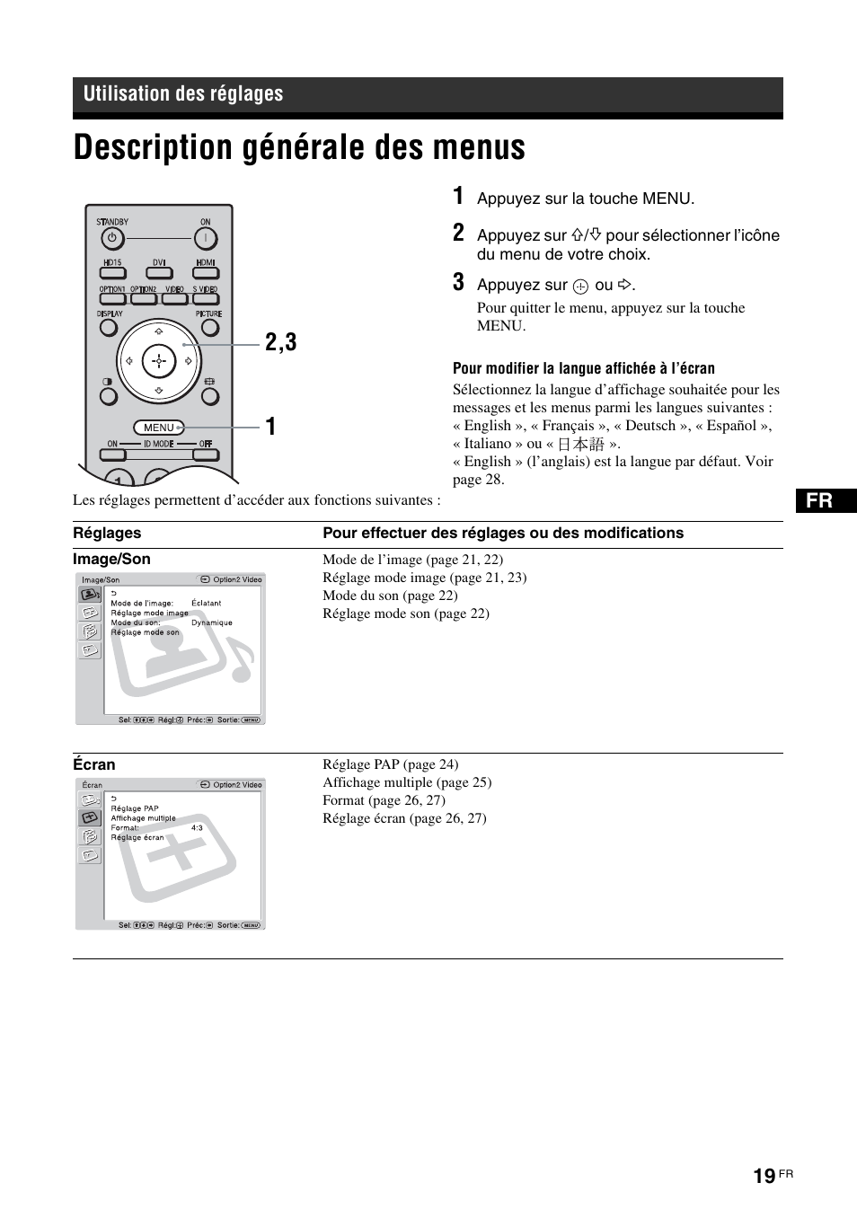 Utilisation des réglages, Description générale des menus | Sony FWD-50PX3 User Manual | Page 107 / 308