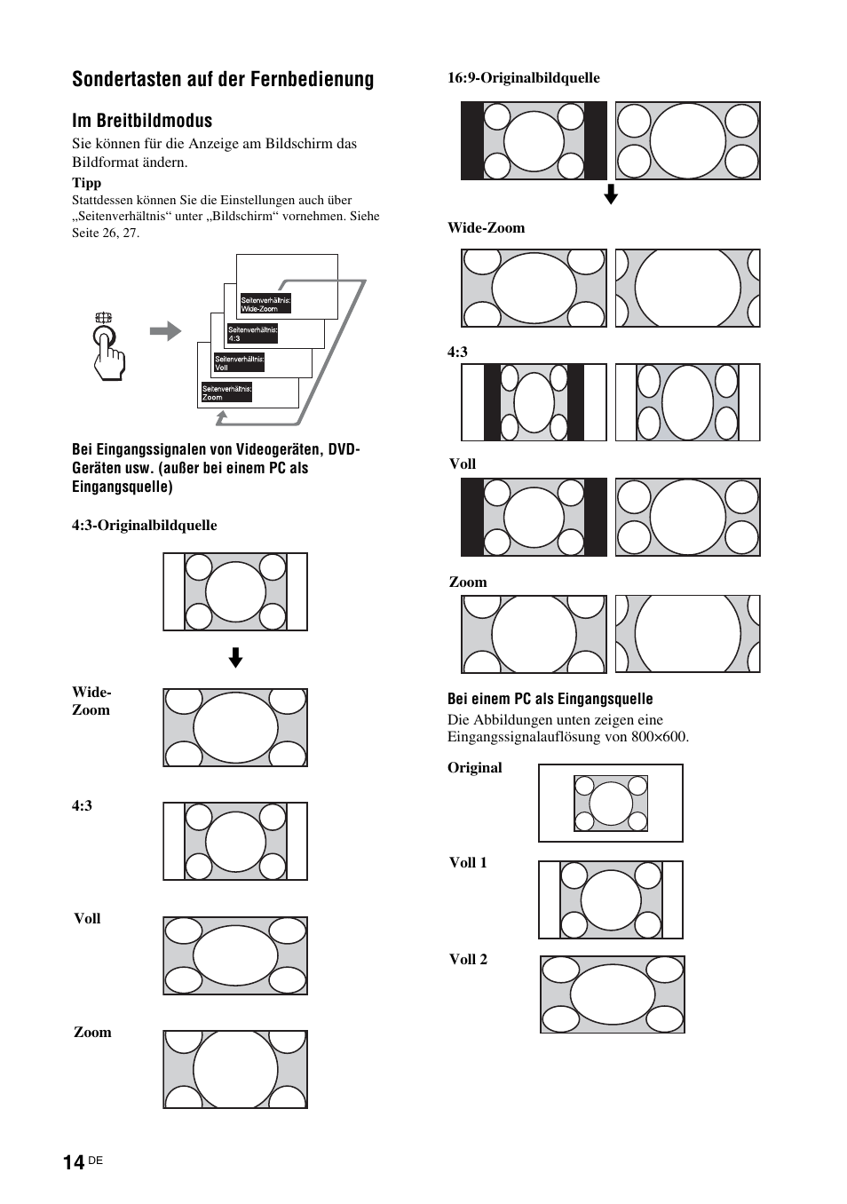 Sondertasten auf der fernbedienung, Im breitbildmodus | Sony FWD-50PX3 User Manual | Page 146 / 308