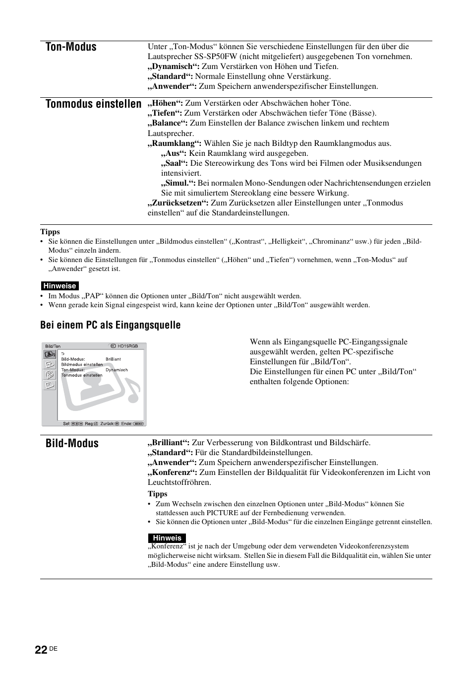 S (seite 22, Seite 22, Ton-modus | Tonmodus einstellen, Bild-modus | Sony FWD-50PX3 User Manual | Page 154 / 308