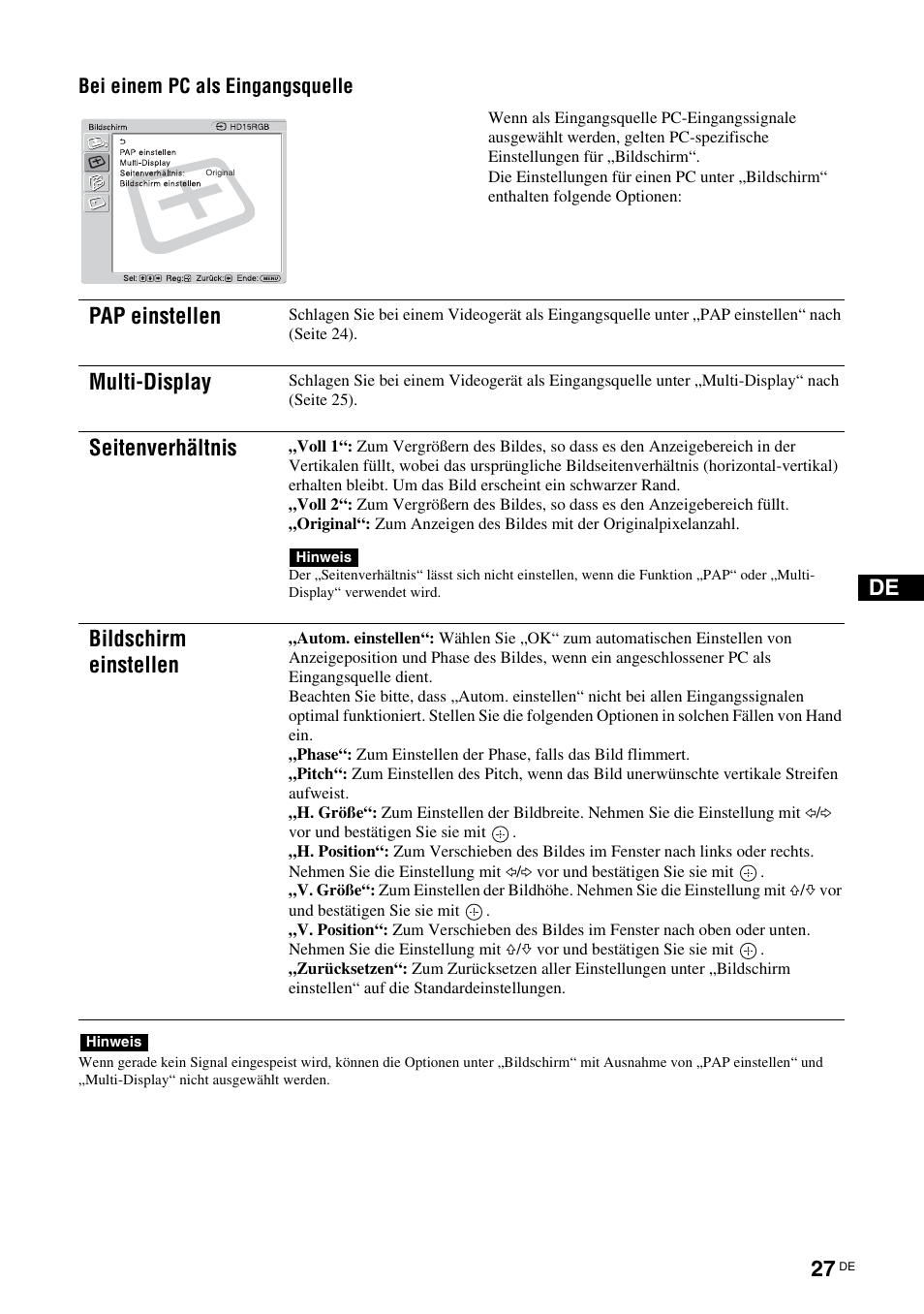 Pap einstellen, Multi-display, Seitenverhältnis | Bildschirm einstellen | Sony FWD-50PX3 User Manual | Page 159 / 308