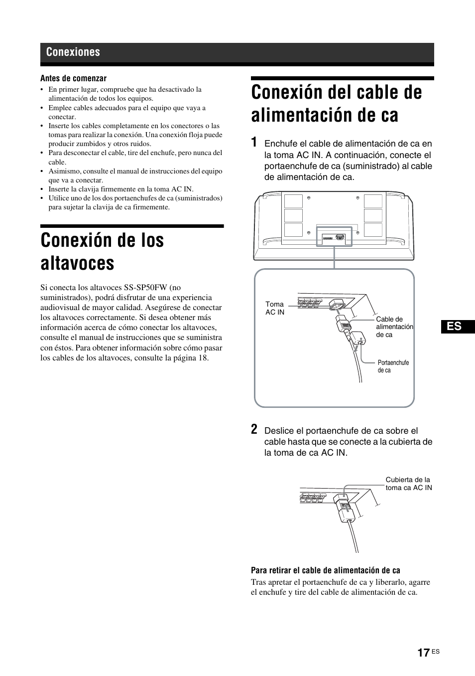 Conexiones, Conexión de los altavoces, Conexión del cable de alimentación de ca | Sony FWD-50PX3 User Manual | Page 193 / 308