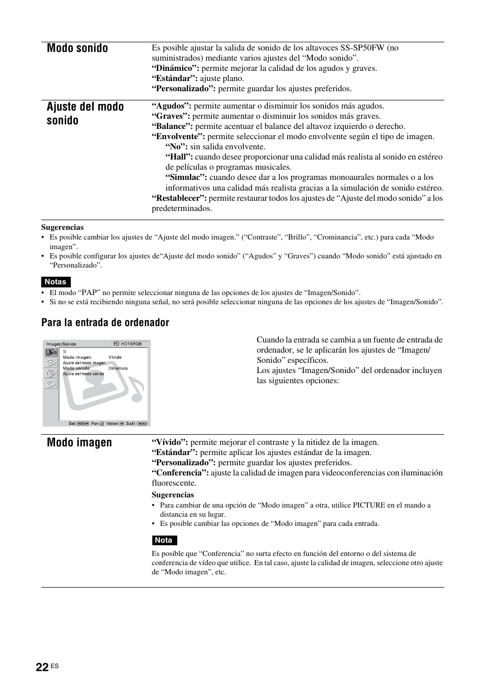 Modo sonido, Ajuste del modo sonido, Modo imagen | Sony FWD-50PX3 User Manual | Page 198 / 308