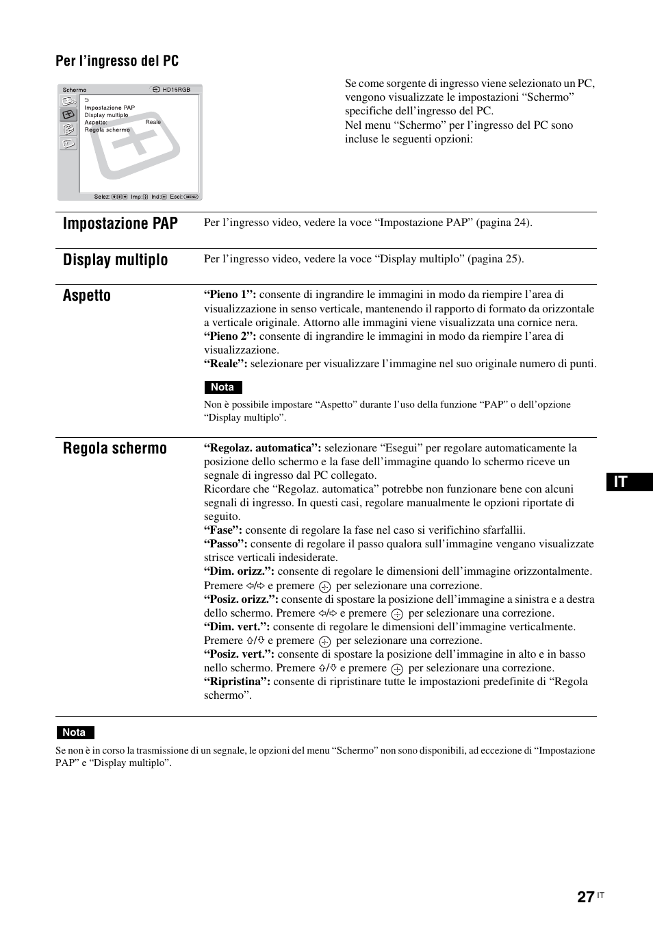 Impostazione pap, Display multiplo, Aspetto | Regola schermo | Sony FWD-50PX3 User Manual | Page 247 / 308