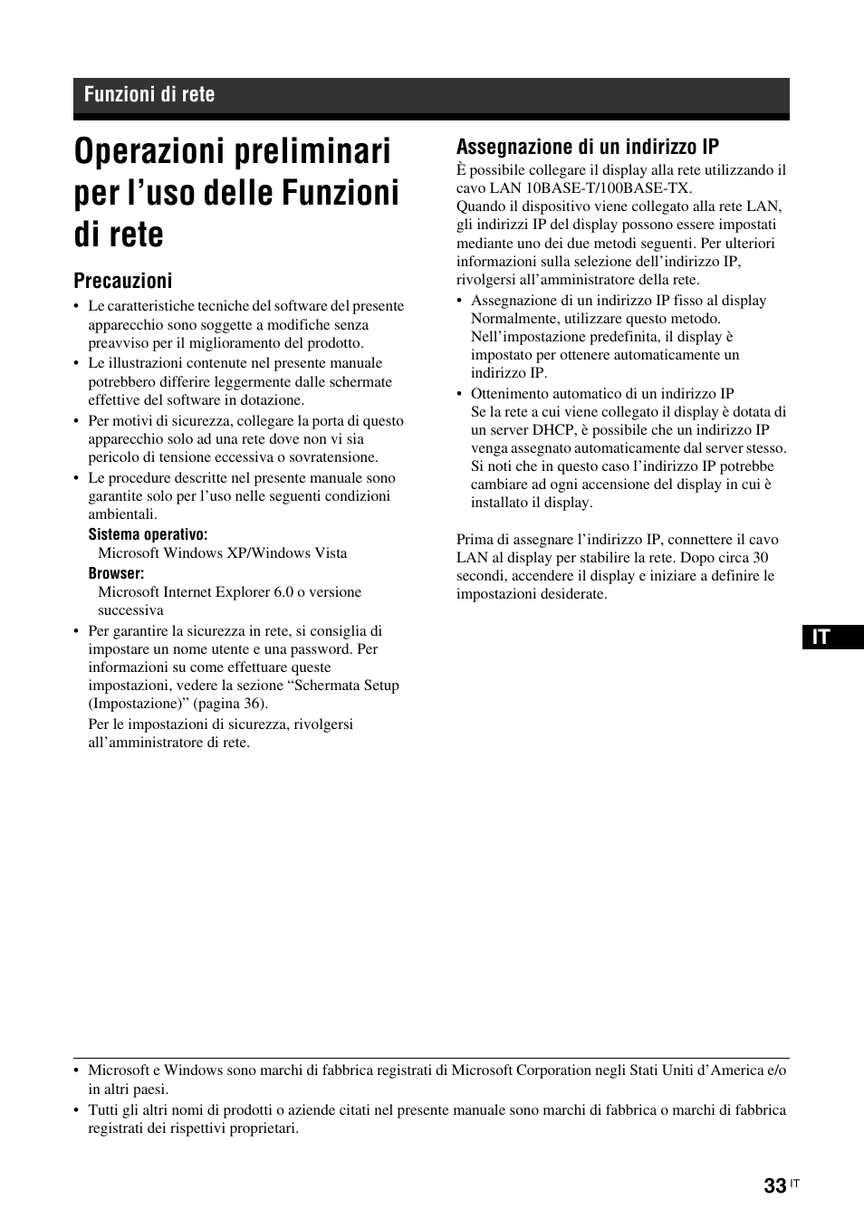 Funzioni di rete, Precauzioni, Assegnazione di un indirizzo ip | Sony FWD-50PX3 User Manual | Page 253 / 308