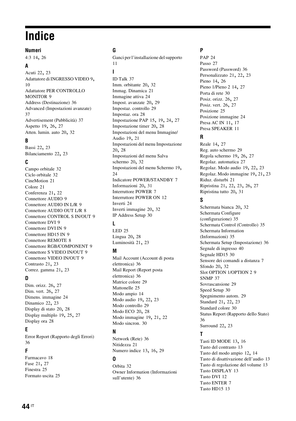 Indice | Sony FWD-50PX3 User Manual | Page 264 / 308