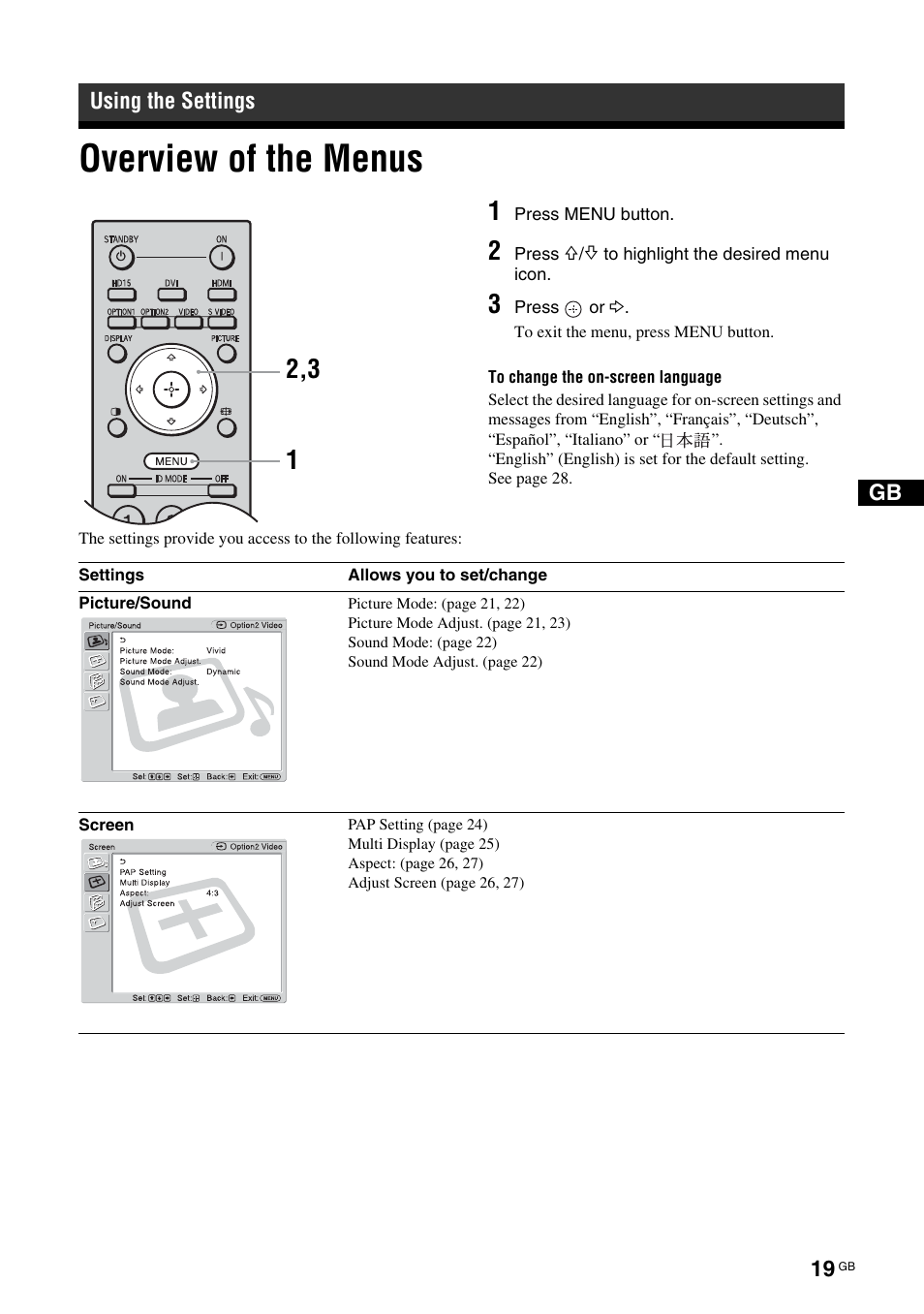 Using the settings, Overview of the menus | Sony FWD-50PX3 User Manual | Page 65 / 308