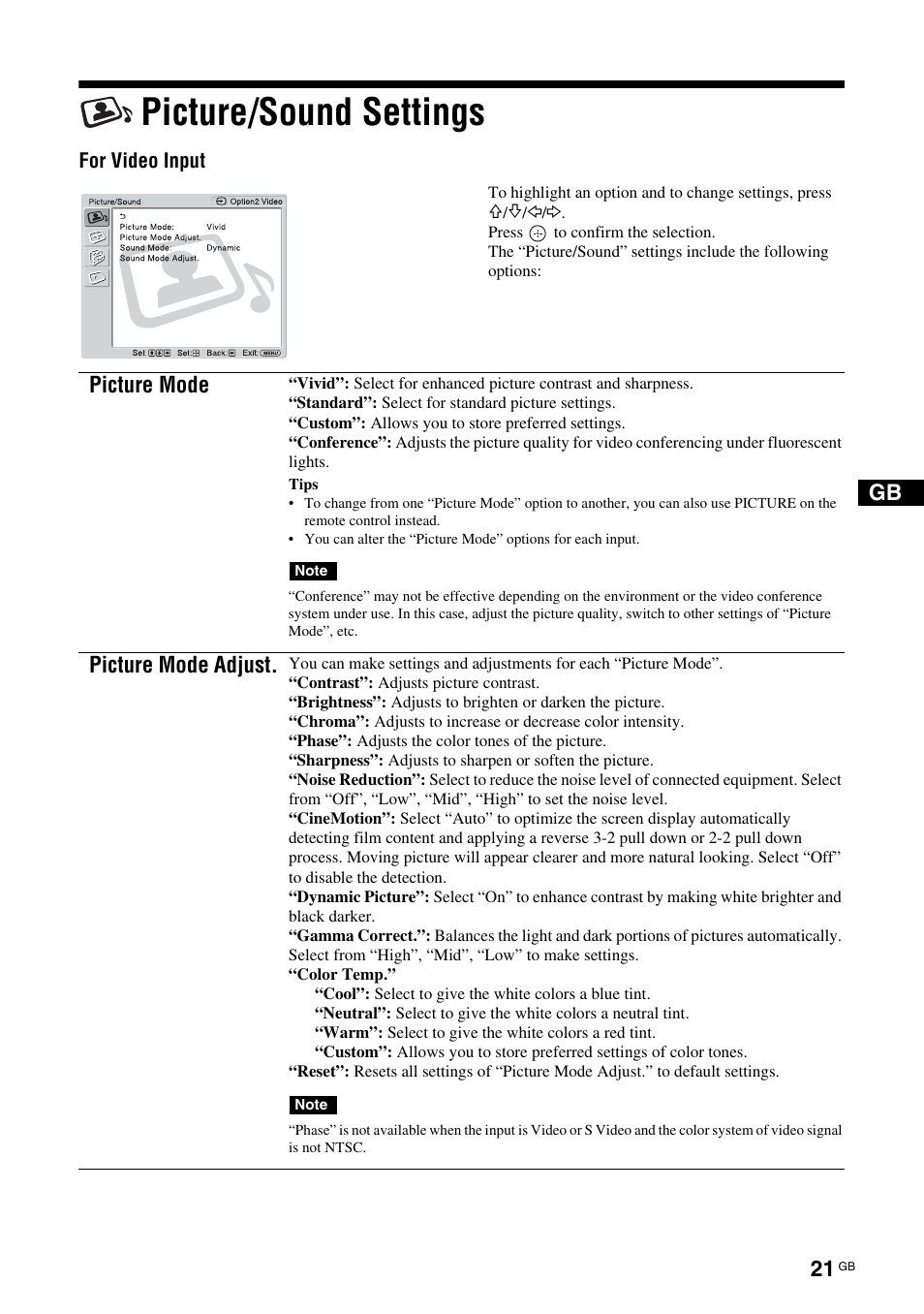 Picture/sound settings, Picture mode, Picture mode adjust | Sony FWD-50PX3 User Manual | Page 67 / 308