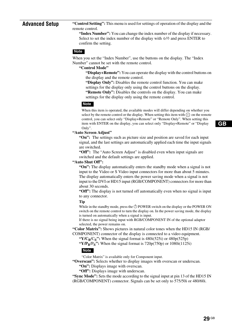 Gb advanced setup | Sony FWD-50PX3 User Manual | Page 75 / 308