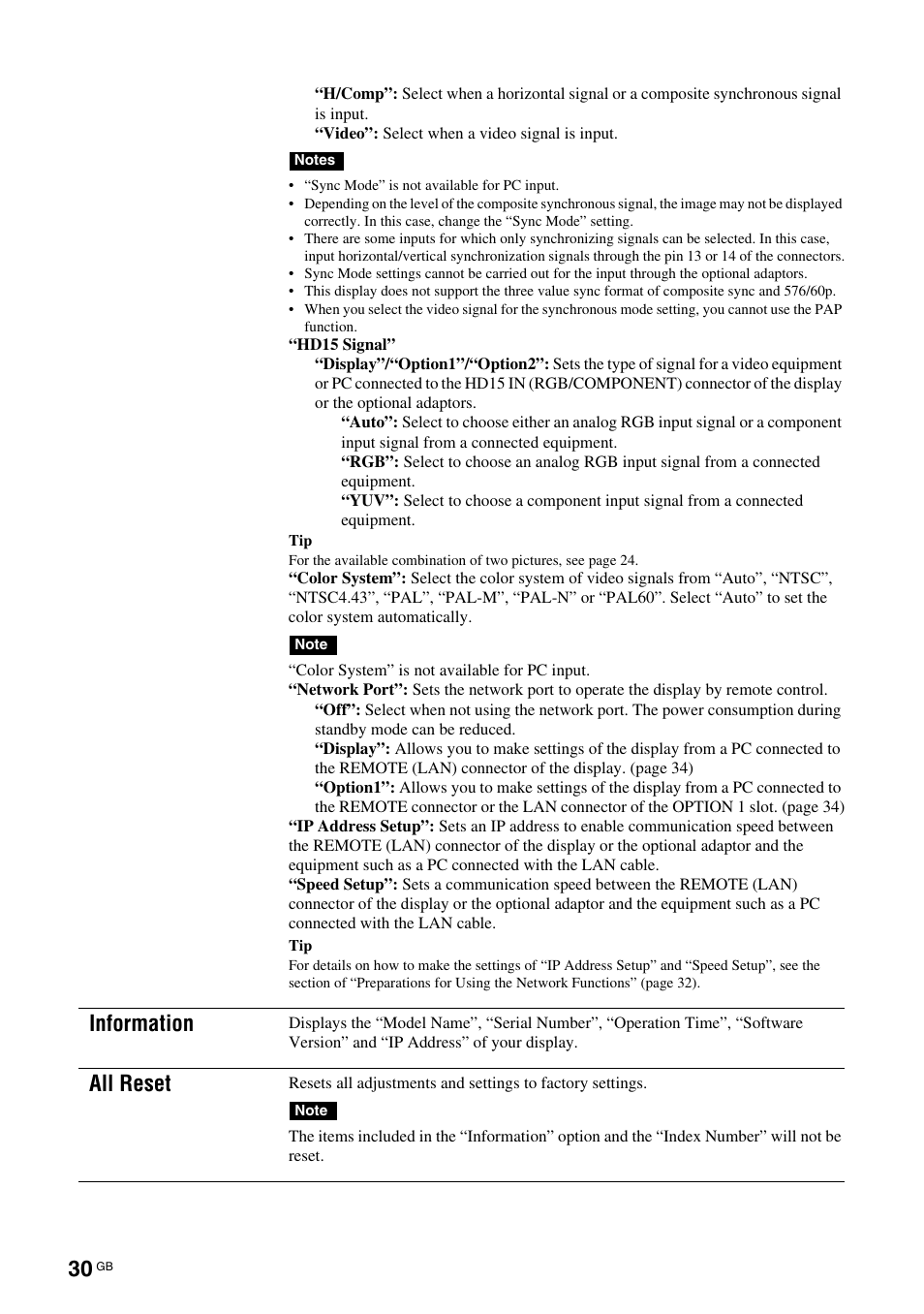 Information, All reset | Sony FWD-50PX3 User Manual | Page 76 / 308