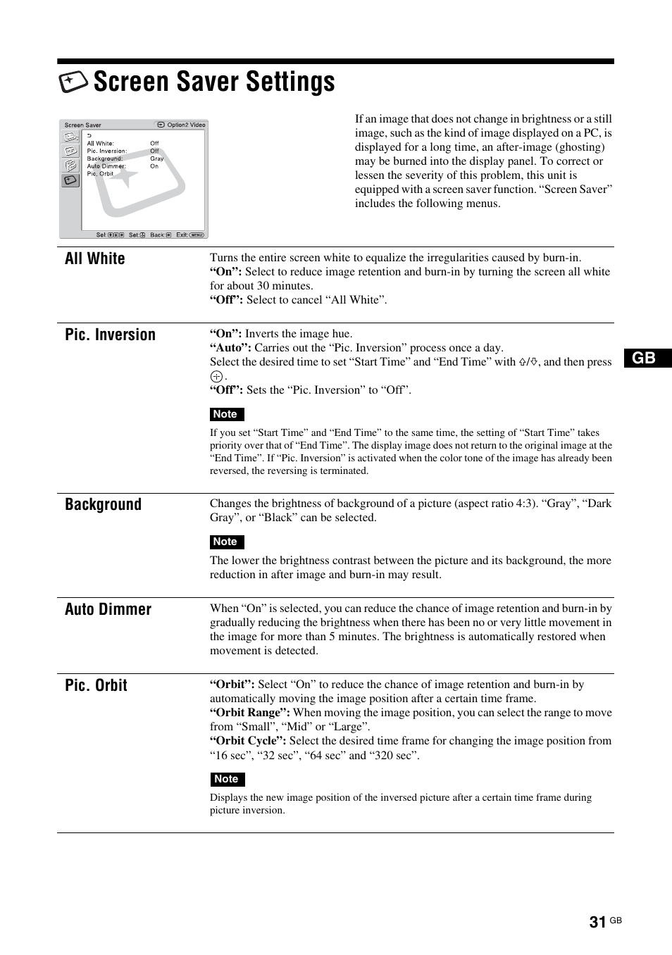 Screen saver settings | Sony FWD-50PX3 User Manual | Page 77 / 308