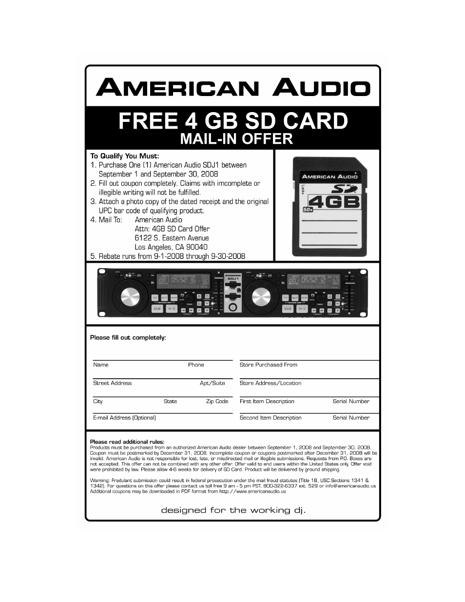 American Audio free 4GB SD Card User Manual | 1 page