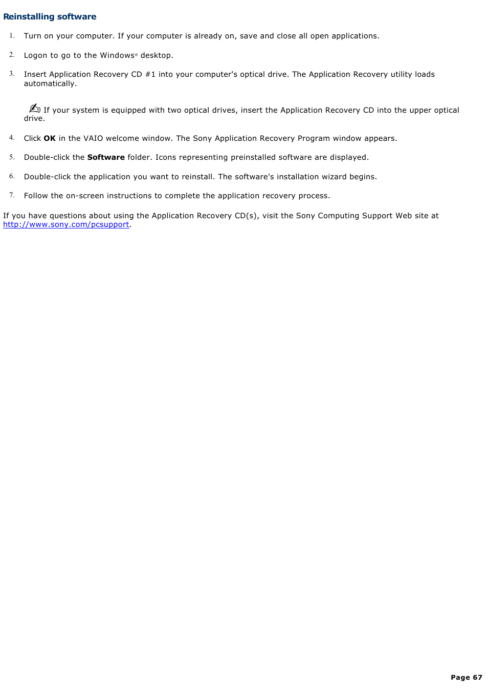 Reinstalling software | Sony PCV-RX861 User Manual | Page 67 / 119