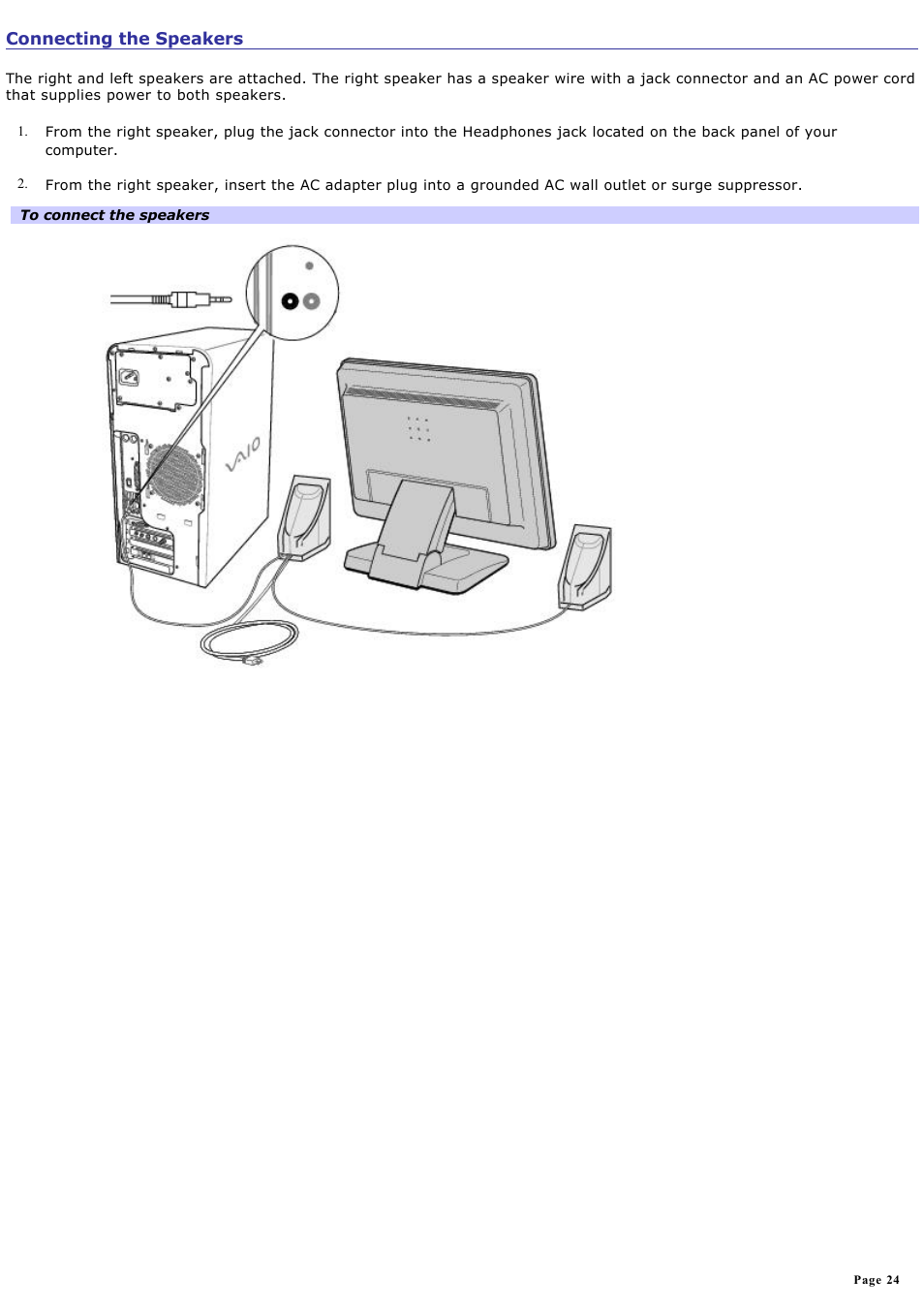 Connecting the speakers | Sony PCV-RS412 User Manual | Page 24 / 146