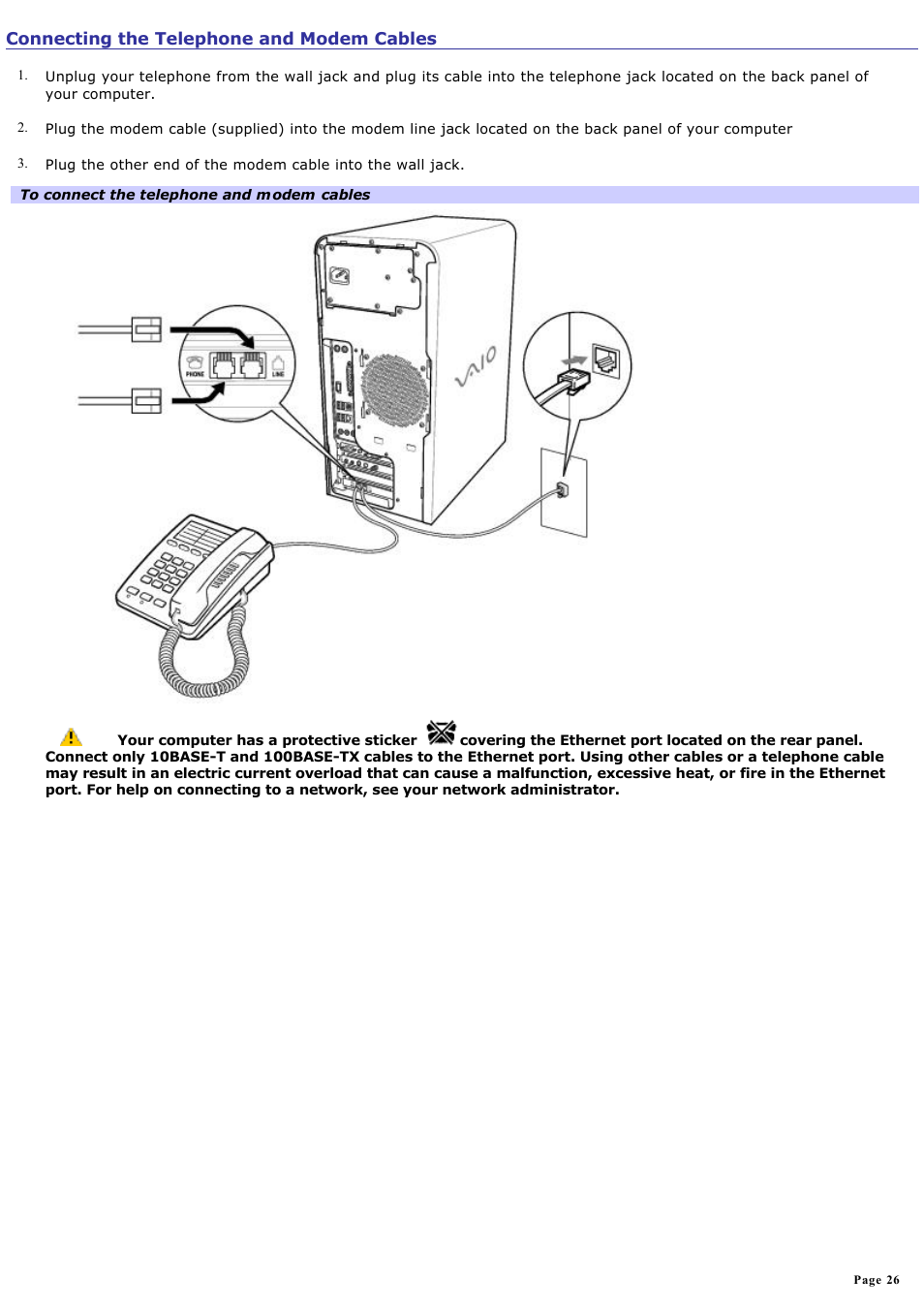 Connecting the telephone and modem cables | Sony PCV-RS412 User Manual | Page 26 / 146