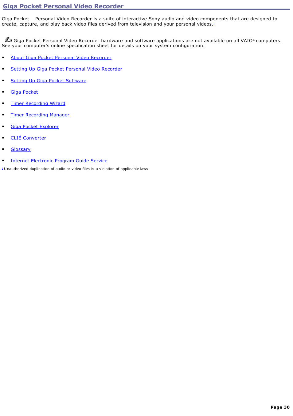 Giga pocket personal video recorder | Sony PCV-RS412 User Manual | Page 30 / 146