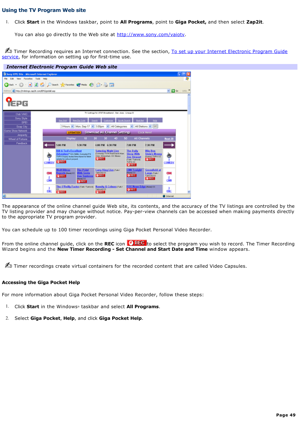 Using the tv program web site | Sony PCV-RS412 User Manual | Page 49 / 146