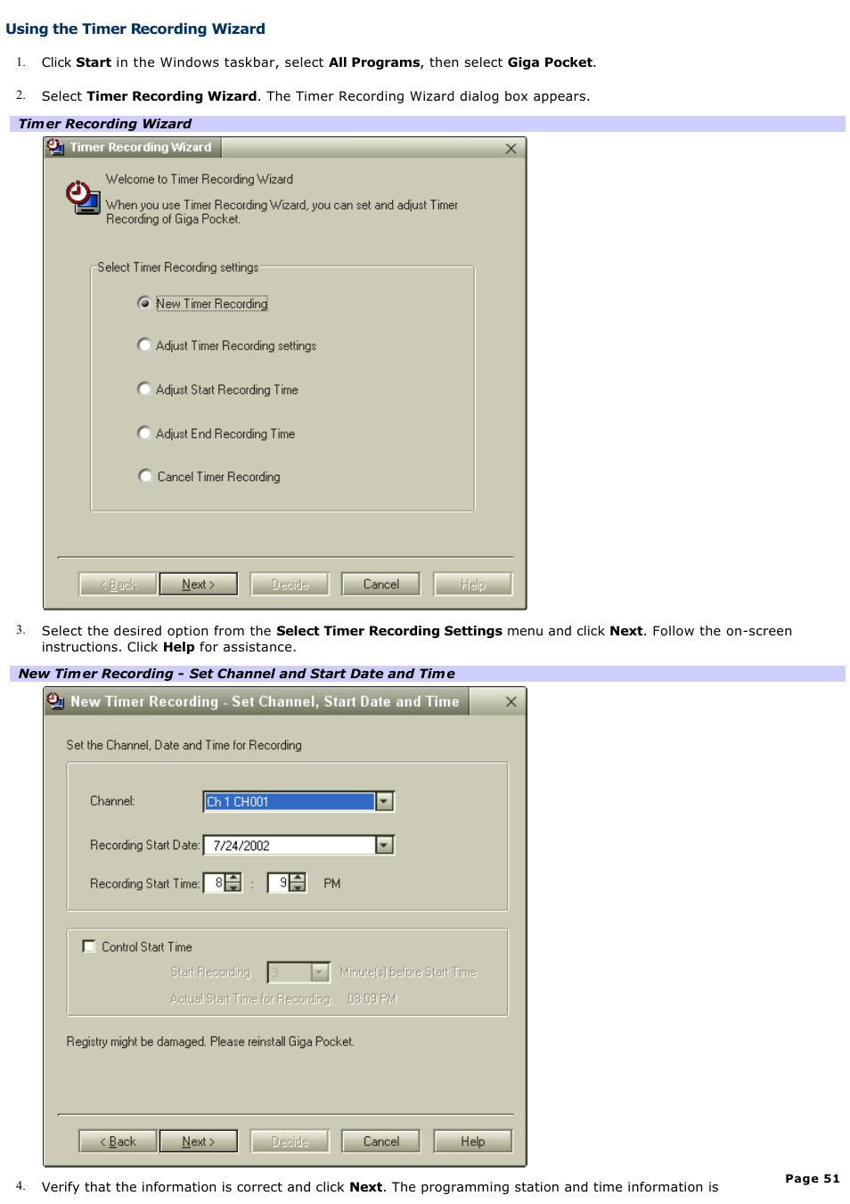 Using the timer recording wizard | Sony PCV-RS412 User Manual | Page 51 / 146