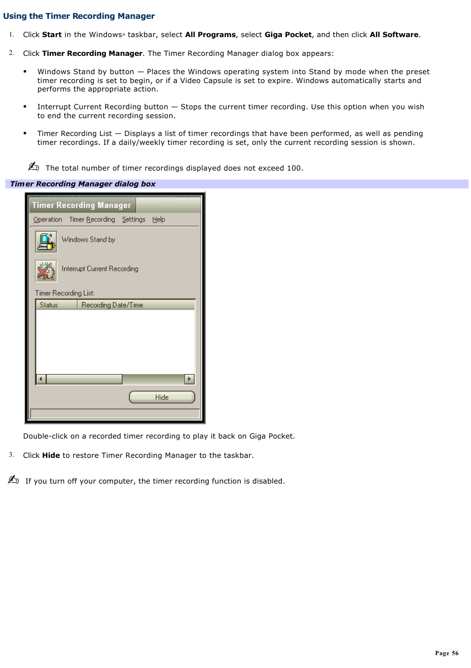 Using the timer recording manager | Sony PCV-RS412 User Manual | Page 56 / 146