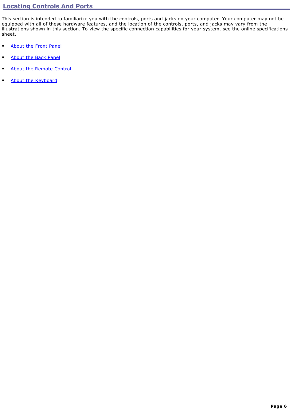 Locating controls and ports | Sony PCV-RS412 User Manual | Page 6 / 146